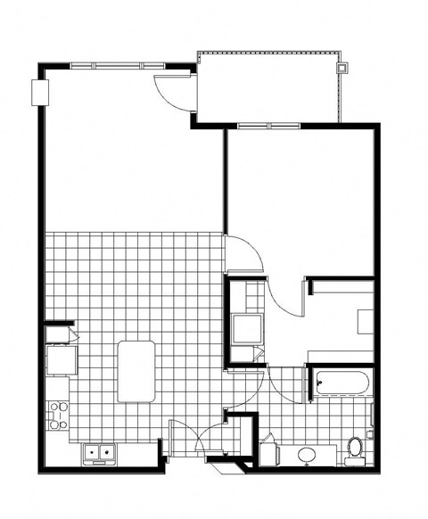 Floor plan for 1 bed, 1 bath, 896 sqft